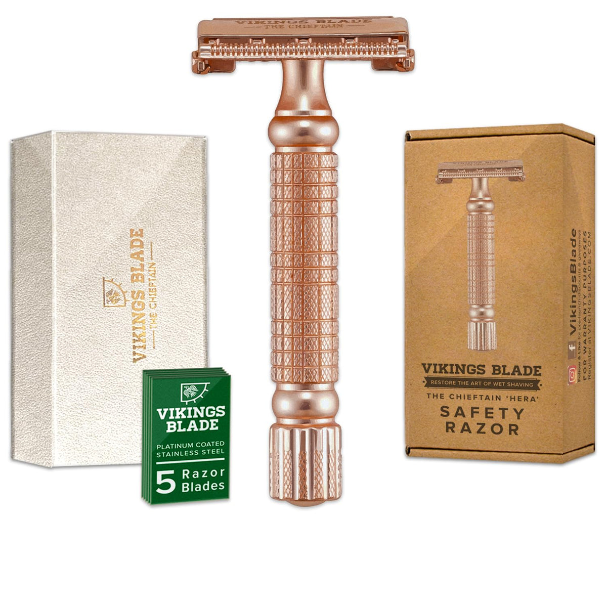 VIKINGS BLADE Double Edge Safety Razor for Men + 5 Swedish Steel Blades + Luxury Case. Smooth, Reusable, Eco-Friendly (The Chieftain)