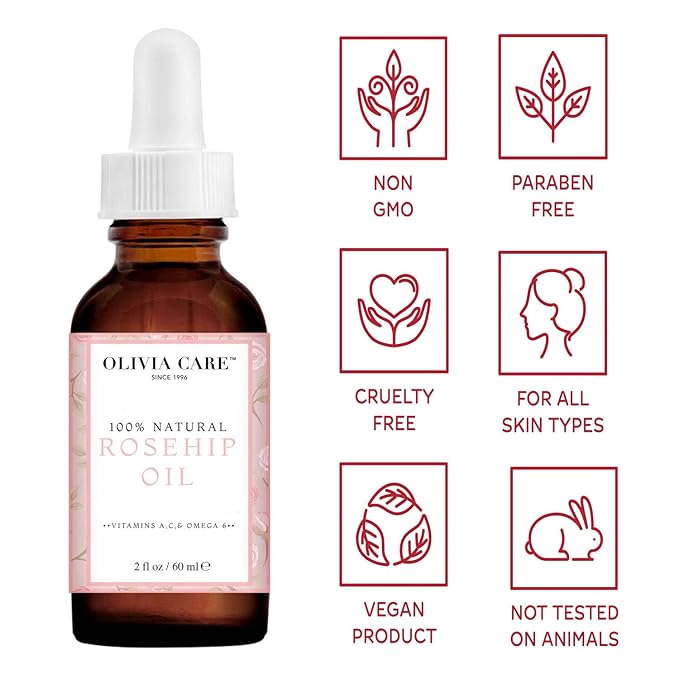 Olivia Care Rosehip Face Oil | Large 2 oz | Packed with Vitamins E, C and A to treat Wrinkles, Acne Scars, Blemishes and Dark Circle– All natural beauty moisturizer for skincare