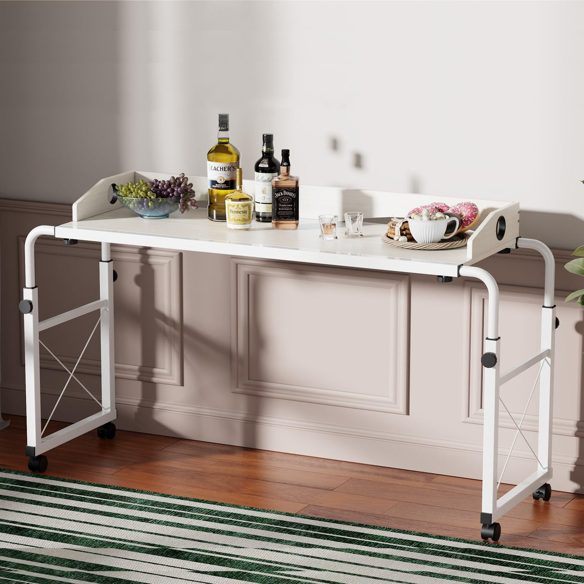 Overbed Table with Wheels, Overbed Desk with Adjustable Length and Height, Rolling Over Bed Desk, King Queen Over The Bed Table on Wheels, Heavy Duty Laptop Table for Hospital and Home (White, 1.2M)