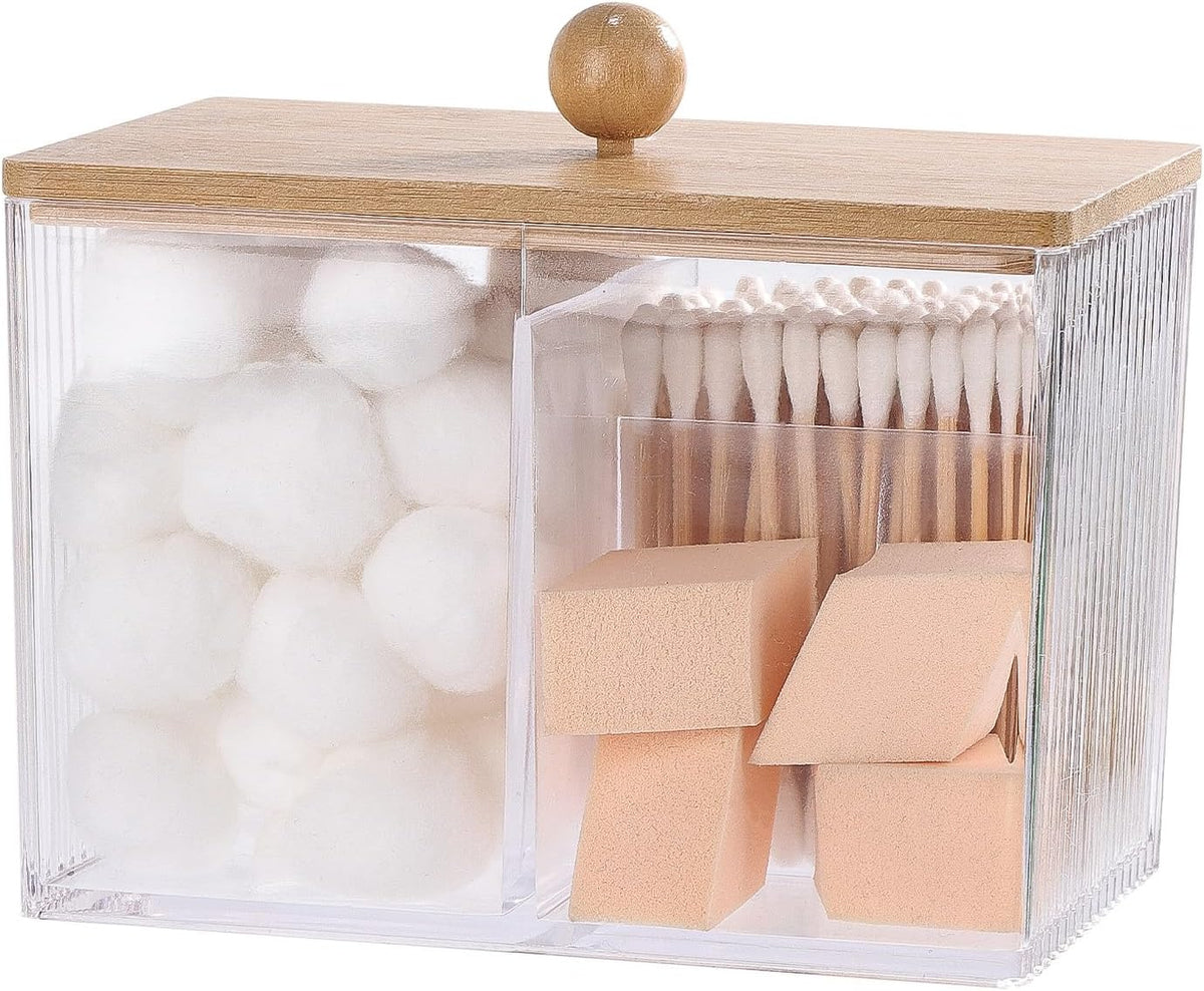 Ohlove Qtip Holder with Bamboo Lids, 3 Compartments Cotton Ball/Swabs Dispenser, Apothecary Jar Clear Plastic Bathroom Container for Storage and Organizer