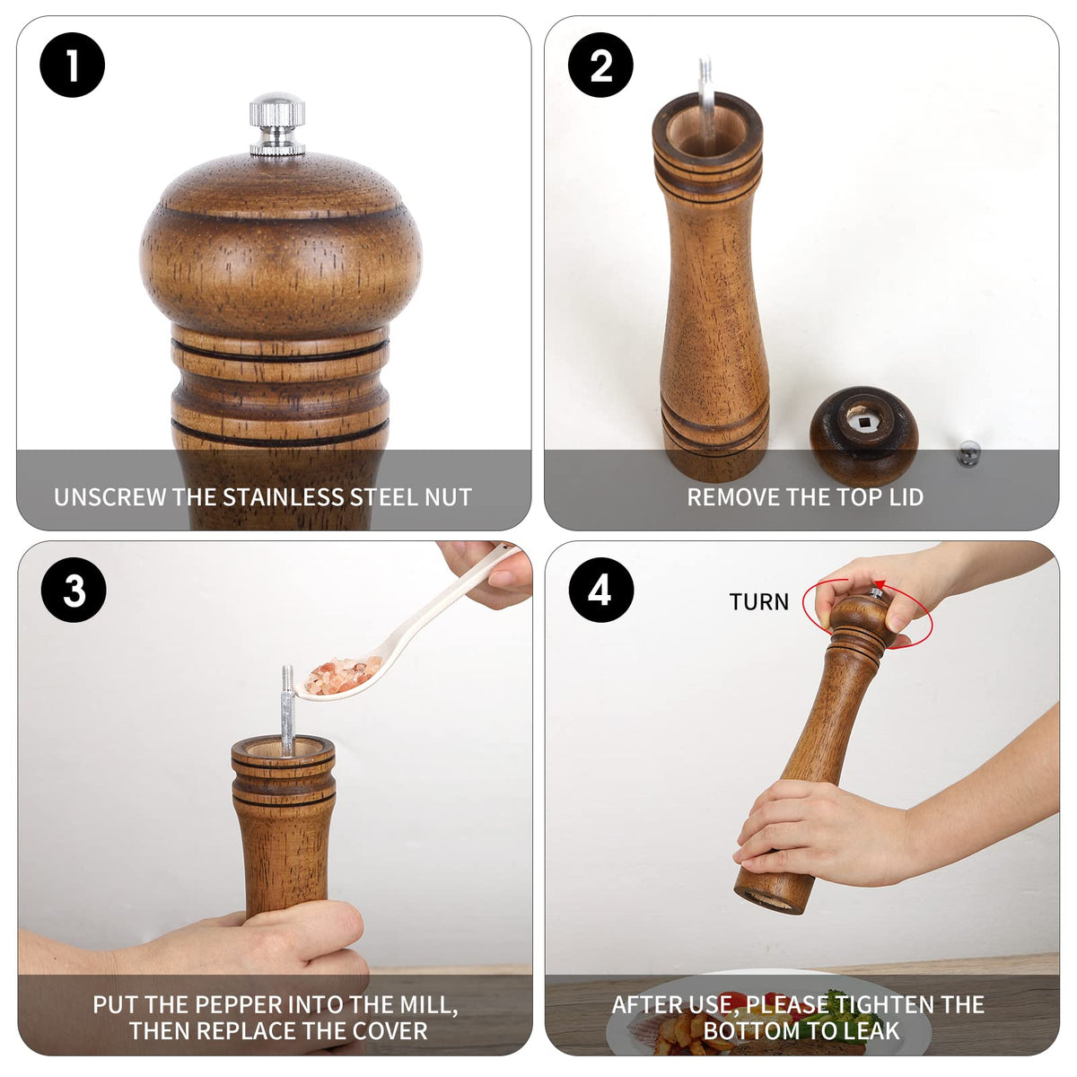 1Pack Wood Pepper Grinder, XWXO 10 Inch Salt Mill Pepper Grinder, Pepper Mill, Salt Shakers with Adjustable Ceramic Rotor - Oak Wood Pepper Grinder for Your Kitchen