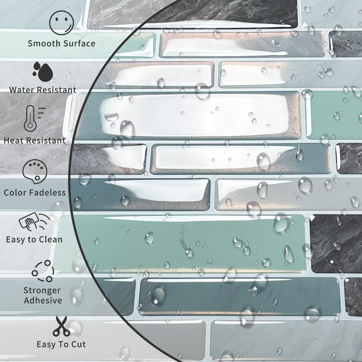 MOONFUN 10 Sheet Peel and Stick Backsplash Tiles, 12 X 12 Inch Blue Green Self Adhesive Tile Sticker for Backsplash Kitchen,Bathroom