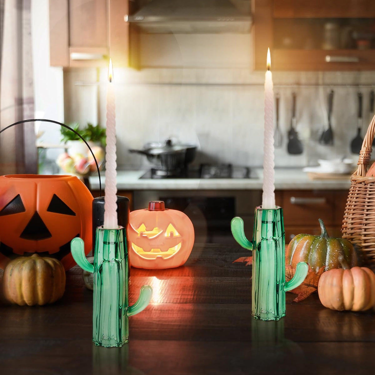 Cactus Candle Holder, 2PCS Glass Pillar Candlestick Holders Decorative Candle Stand for Home Decoration Wedding Halloween Christmas Party, Dark Green