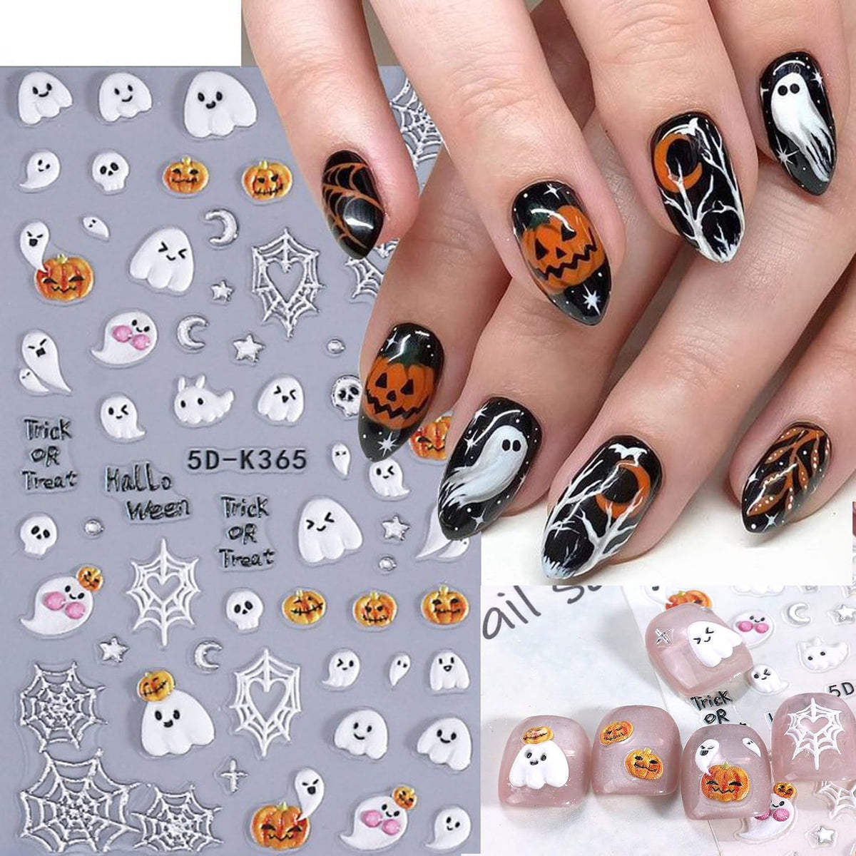 2Sheet Halloween Nail Art Stickers 5D Relief Cartoon Ghost Cat Dark Self-Adhesive Sticker Nail Decals Cute Ghost Pumpkin Pattern Nail Art Slider DIY for Women Girl Cute Halloween Nail Decoration