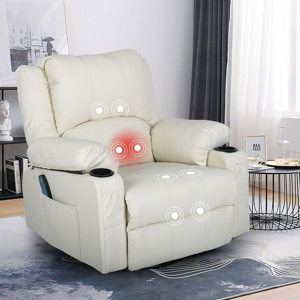 KCREAM White Recliner Rocker Chairs with Heat,Massage Chair Recliner Oversized Leather Swivel Recliners for Living Room, Manual Reclining Lounge Chairs Overstuffed Single Sofa Chair for Adults