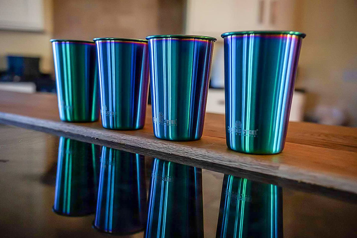Stainless Steel Cups 16 oz Pint Tumbler (4 Pack) - Premium Metal Drinking Glasses | Stackable Durable Cup (16 oz Rainbow)