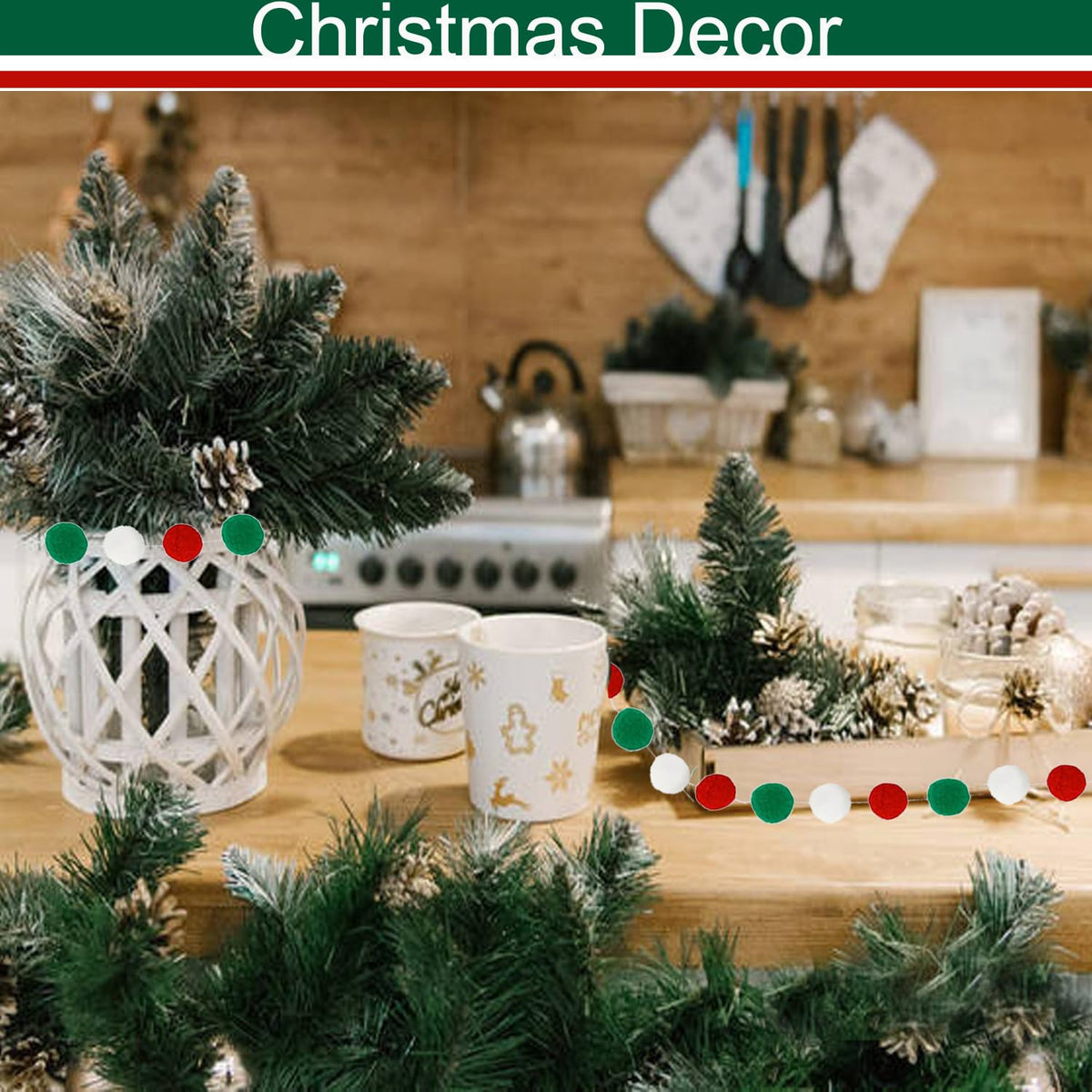 3PK Christmas Pom Pom Garland Christmas Decorations for Tree Indoor Home Room Decor Cute Hanging Felt Ball Red White Green Pompom Bead Ornament String Banner Garland Xmas Birthday Party Supplies