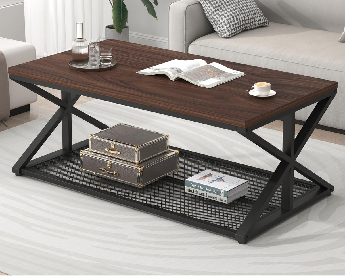 IBF Walnut Coffee Table with Storage, Industrial Wood Metal Rectangle Living Room Table, Vintage 2 Tier Middle Center Table with Mesh Shelf, Walnut, 47 inch