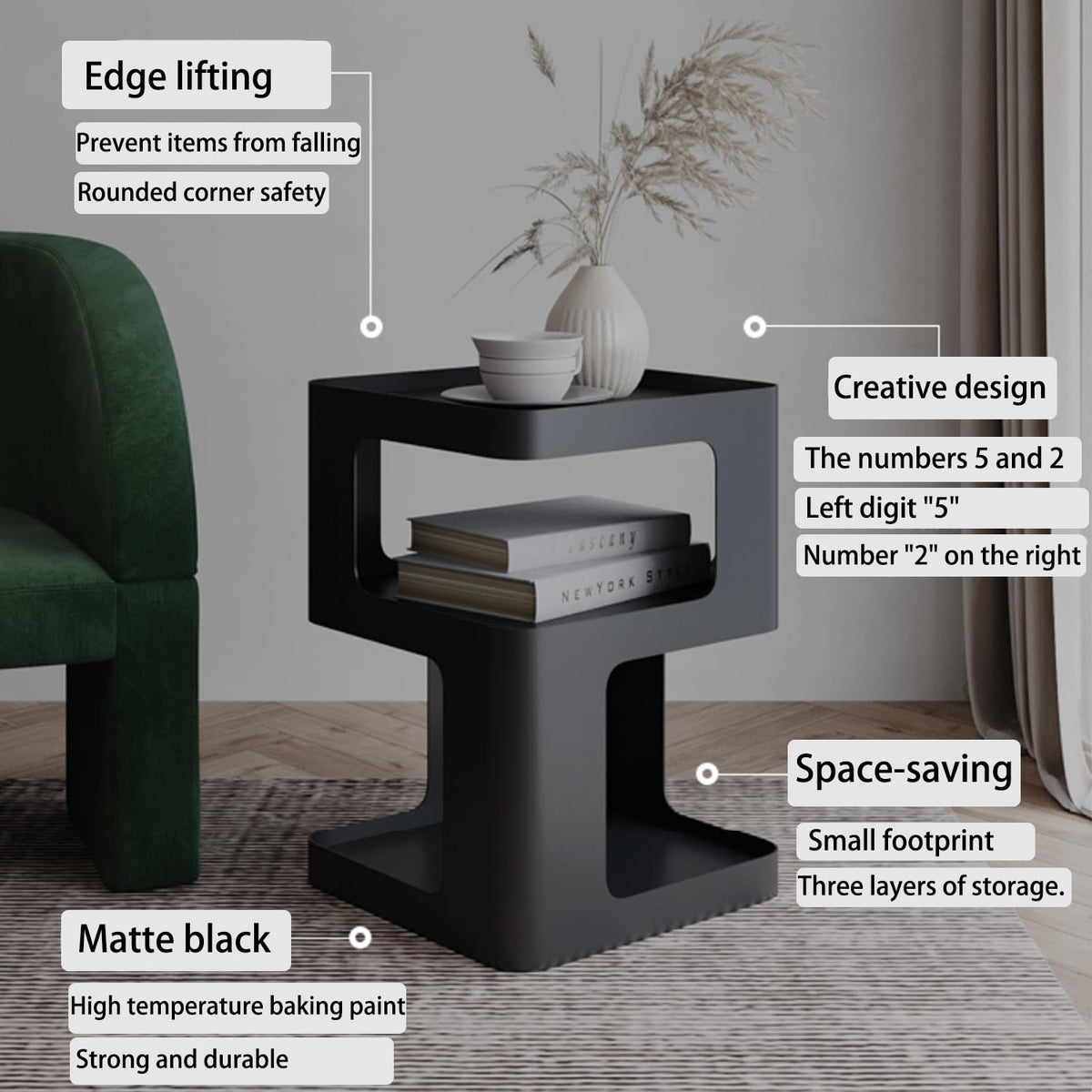 BUZUEY Side Table,Modern end Table,Black Metal nightstand,Bedside Tables,Accent Table with Storage for Living Room Bedroom entryway Couch,no Assembly Required,Unique Furniture.
