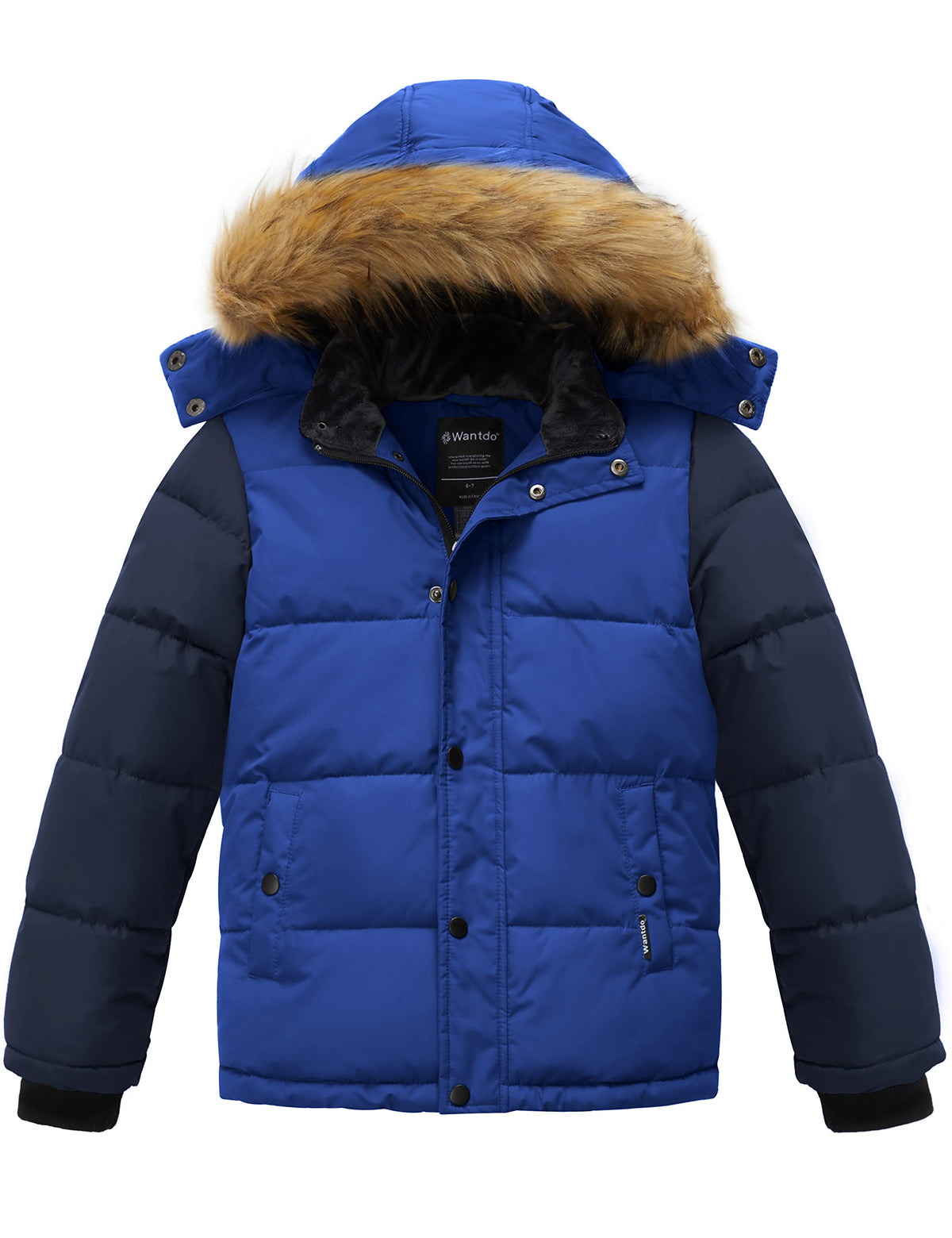 wantdo Boys' Warm Puffer Coats Winter Outerwear Jackets Waterproof Fleece Jacket With Hood Acid Blue navy 8