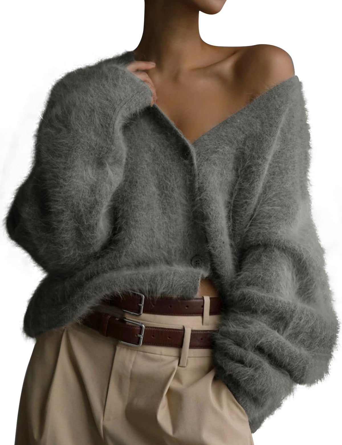 COZYPOIN Womens Fuzzy Mohair Cardigan Open Front Button Down V-Neck Long Sleeve Sweater Slouchy Drop Shoulder Knit Coat(Grey-L)