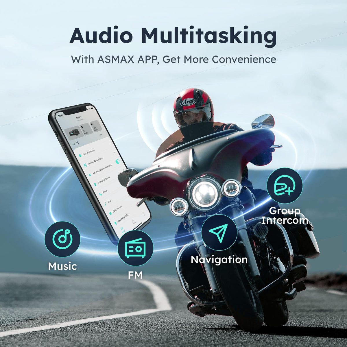 ASMAX S1 Motorcycle Bluetooth Headset with 3 Intercom Modes, 8-Rider Mesh Communication, AI Voice, FM Radio, Auto Volume, Waterproof, Fast Charging for Helmet/ATV/UTV/Snowmobile, 2 Pack(Grey)