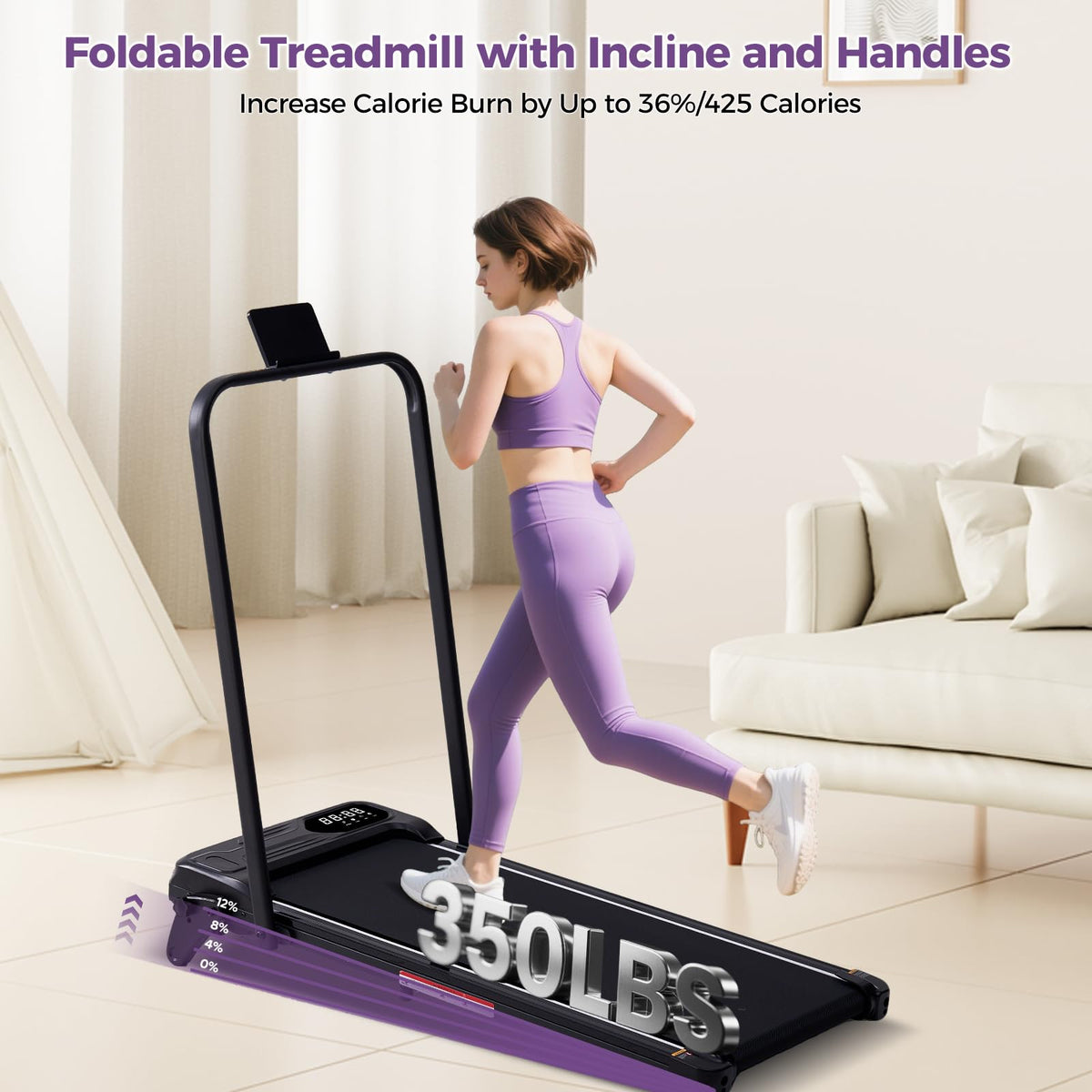 Portable Foldable Walking Pad with Handle Bar and Adjustable Incline, Under Desk Walking Pads Treadmill with Incline and Handles, 3.5HP Folding Electric Treadmills for Home Small, 0.6-7.6MPH, 350LBS