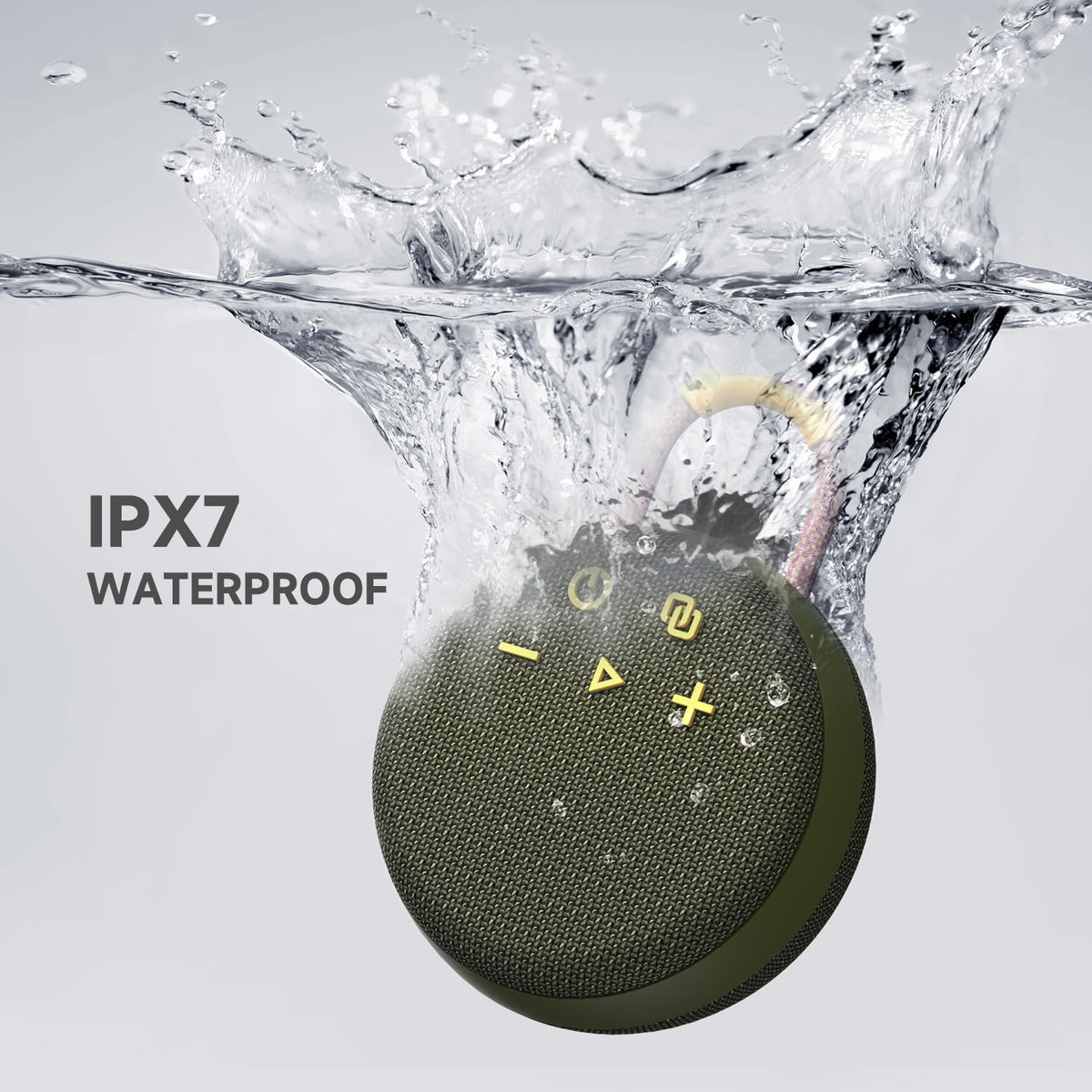 MusiBaby Rugged Mini Clip-On Speaker – BT 5.3, Waterproof Build, Shock-Resistant Rubber Shell, Great for Camping Packs, College Study Corners, or Travel Bags (Green)