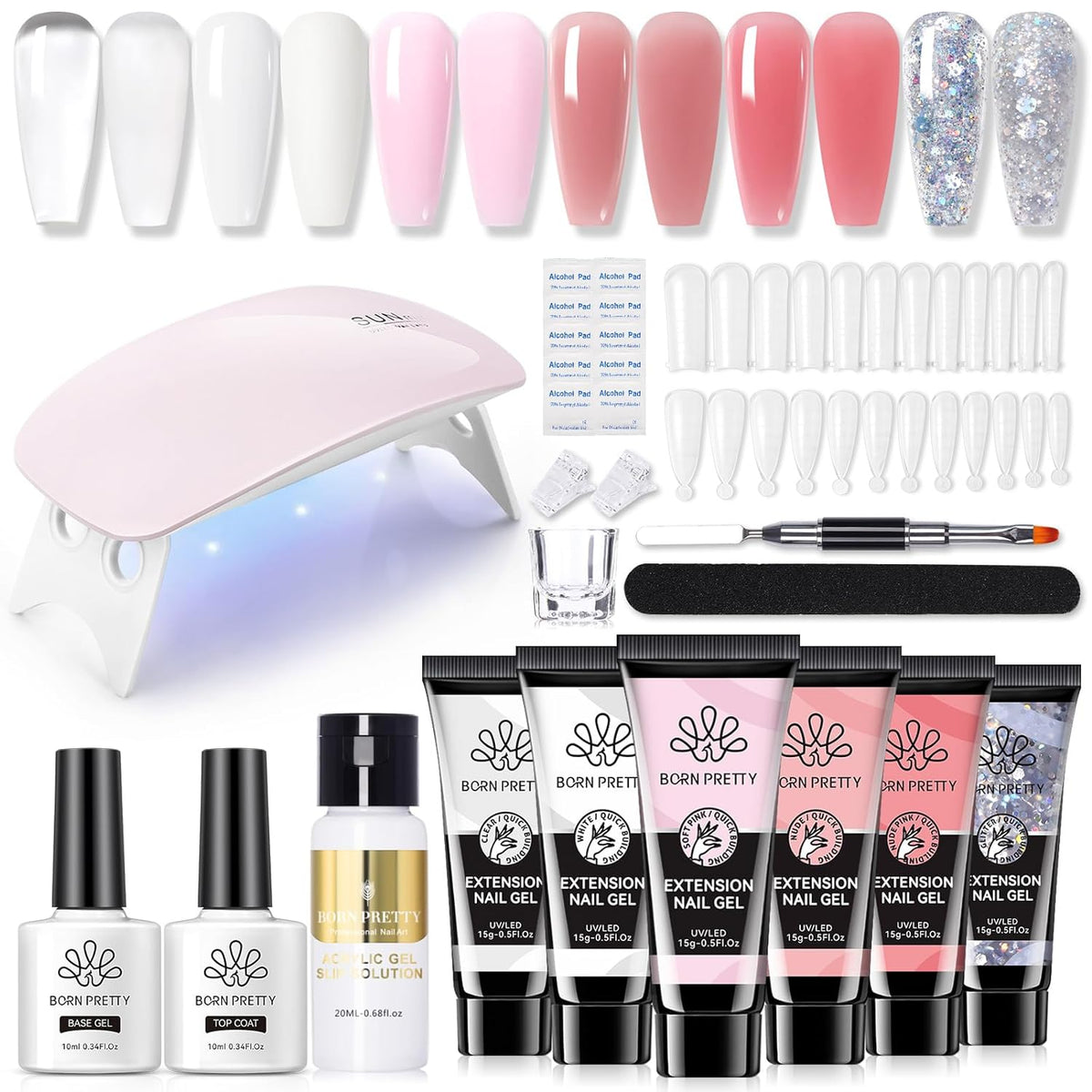BORN PRETTY Poly Nail Extension Gel Kit-6 Colors Poly Nails Gel Kit Nude Clear Jelly Pink All In One Kit Builder Glue Gel with Nail Lamp Base Top Coat Set Nail Forms French Manicure Set for Beginner Starter DIY at Home Mother's Day Gifts