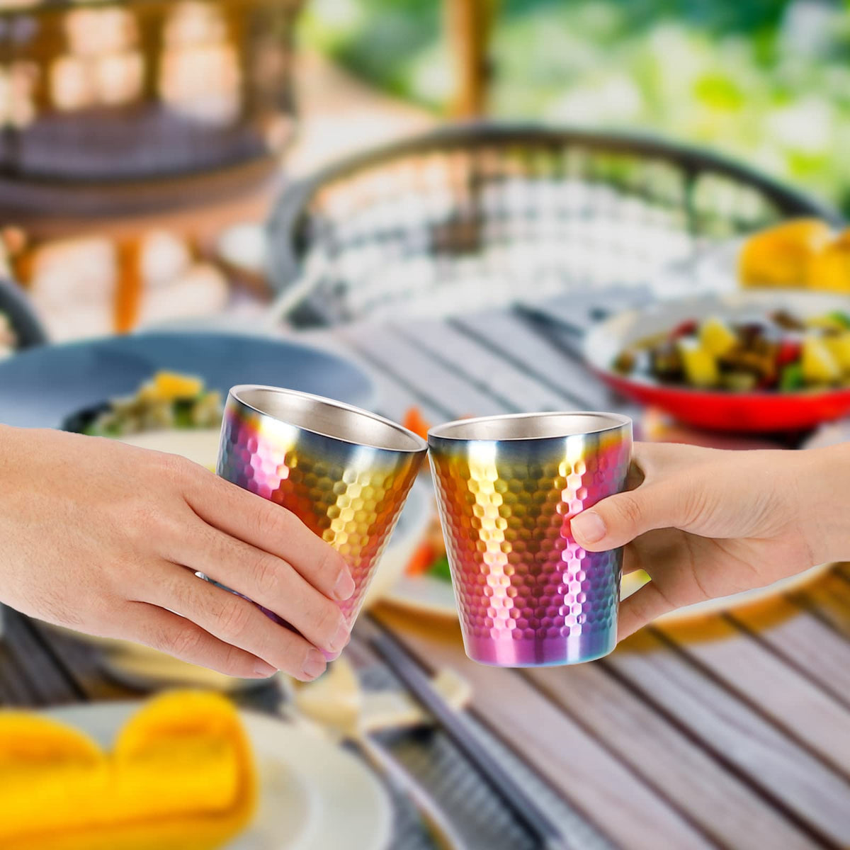 TIICOO Stainless Steel Cups 2 Packs 10oz/300ml Stackable Double Wall Insulated Metal Shatterproof Cups Titanium-Plated Diamond Textured Surface Heat Resistant Dishwasher Safe (Rainbow)