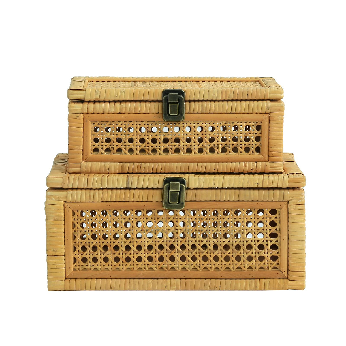 HuiDao Rattan Decorative Box, Boho Display Boxes with Lids, Set of 2 Rectangular Wicker Storage Basket, Natural Woven Cane Bins for Home Decor (Rectangular)