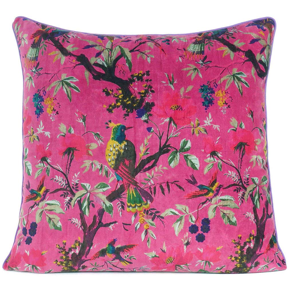 Eyes of India 20x20 inch Burgundy Red Velvet Floral Flower Bird Throw Pillow Sofa Cushion Cover Case Couch Colorful Boho Chic Bohemian Accent Indian Handmade Cover Only