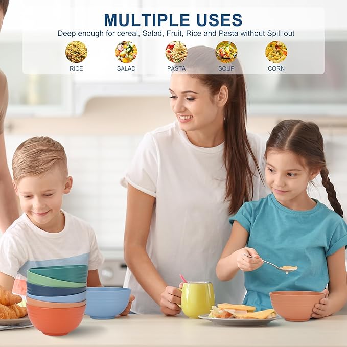 HOTEC 12-PACK BPA Free Unbreakable Plastic Cereal Bowls - Microwave & Dishwasher Safe Soup Salad Camping Bowls, 26OZ, Multicolor