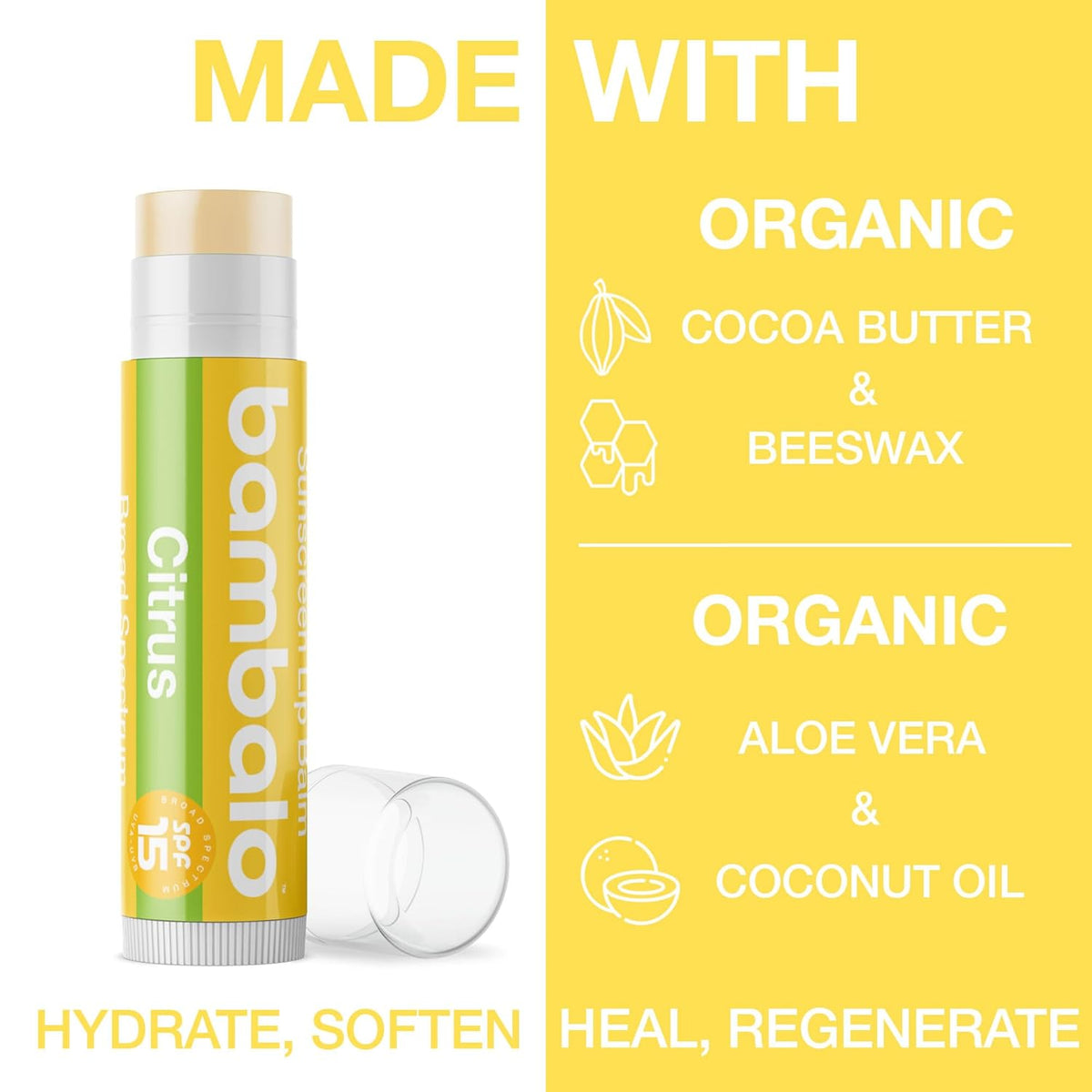 4-Pack Citrus SPF 15 Lip Balm - Organic Ingredients, Broad Spectrum UVA/UVB Protection - Hydrating & Moisturizing, USA Made