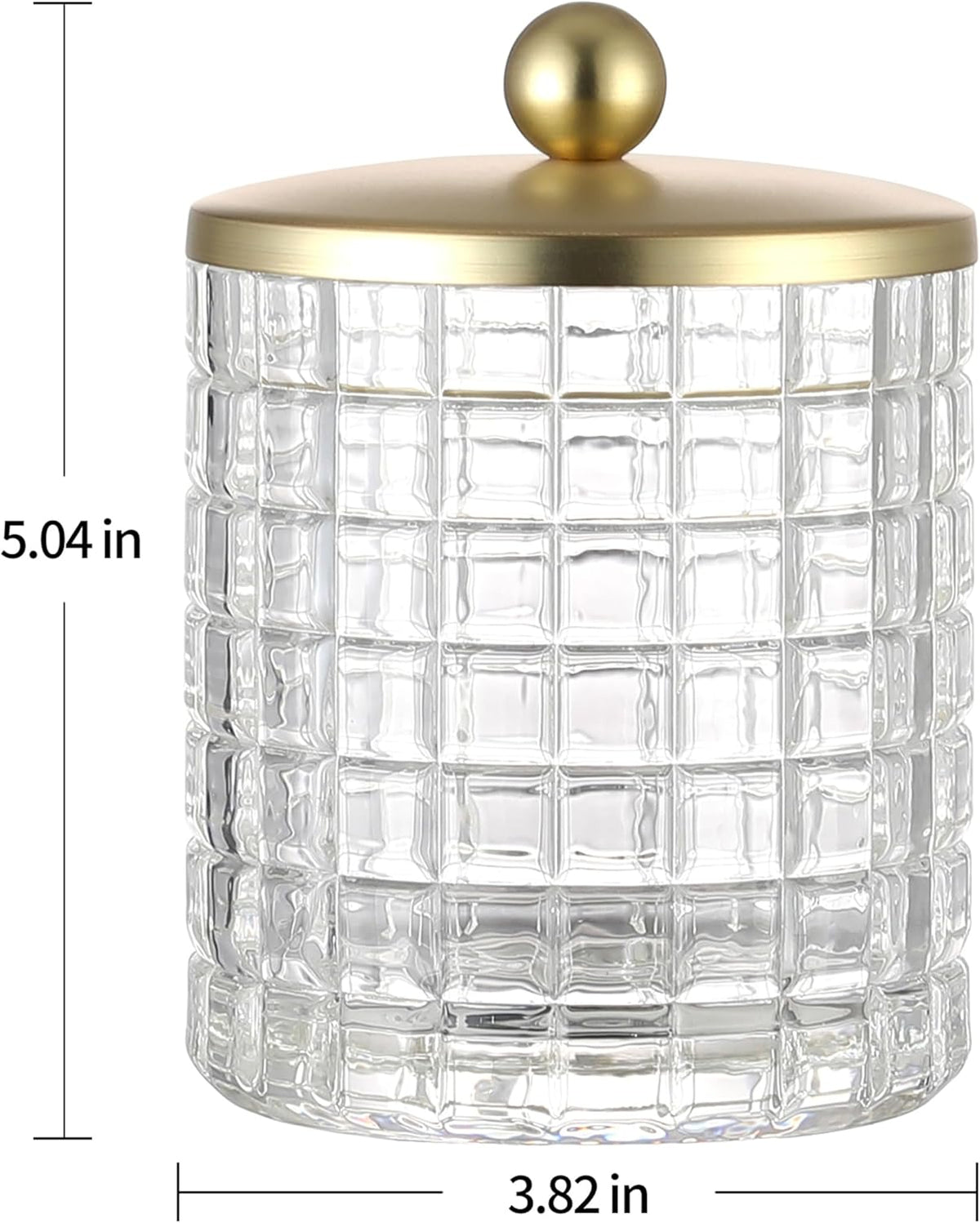 Glass Cotton Jar Holder Matte Gold Lid, Elegant Bathroom Storage Canister for Qtips, Cotton Balls, Floss, Makeup Organizer, Vanity Bathroom Organization