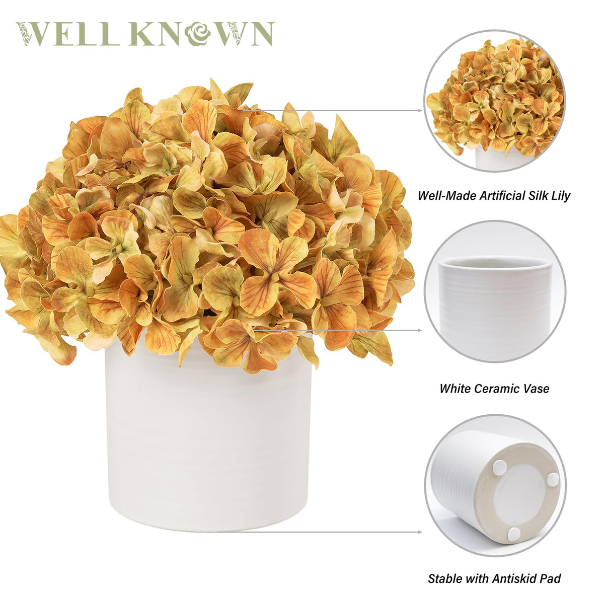 Hydrangea Fake Flowers in Vase, Artificial Flowers with Ceramic Vase Small Faux Potted Floral Arrangements for Bathroom Home Desk Kitchen Counter Vanity Shelf Coffee Table Centerpiece Decor (Orange)