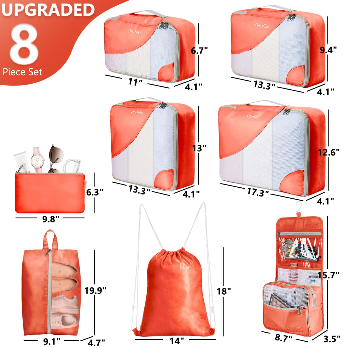 OlarHike 8 Set Packing Cubes for Travel, 4 Various Sizes(Extra Large,Large,Medium,Small), Luggage Organizer Bags for Trip Accessories Essentials,Cubes for Carry on Suitcases (Orange)