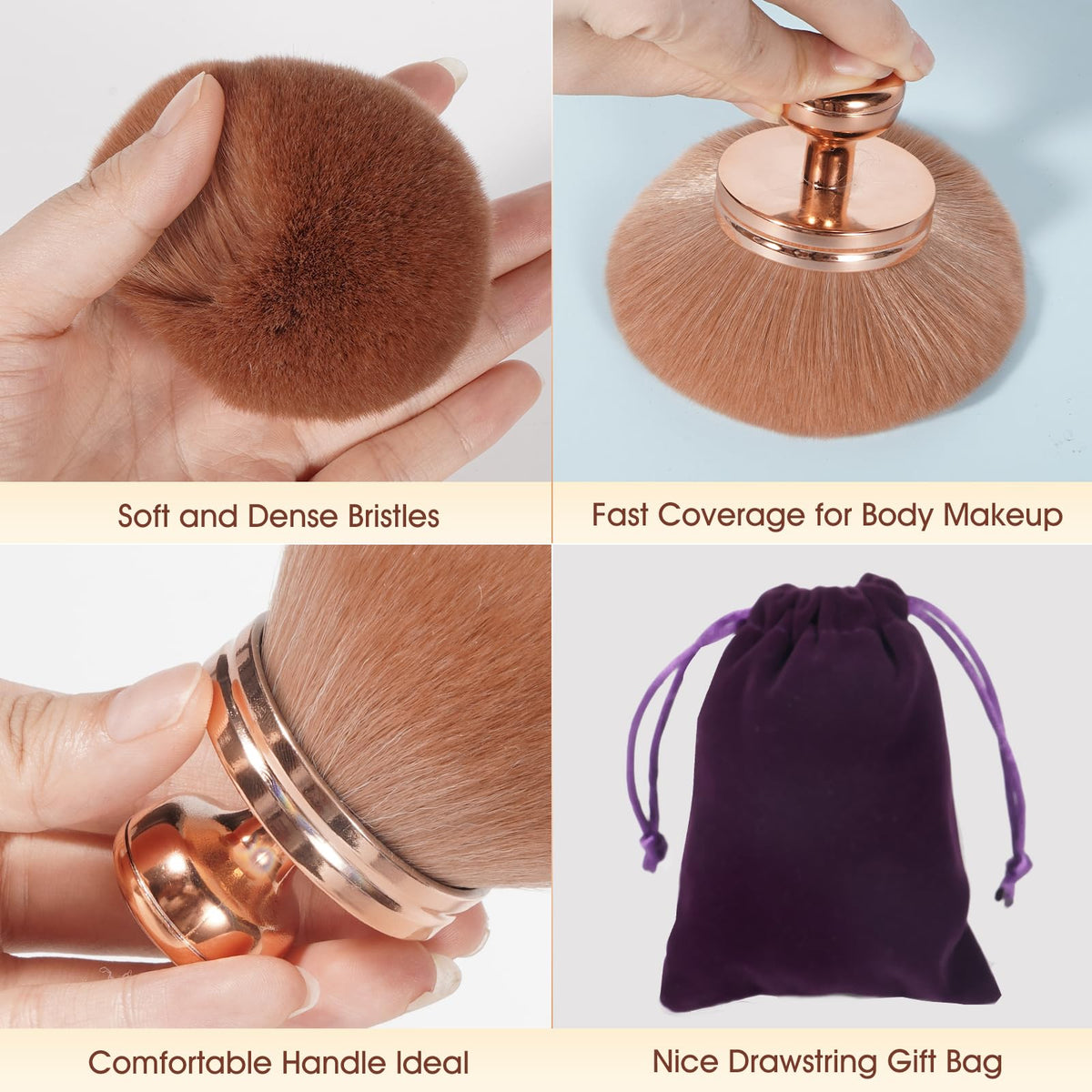 Extra Large Tanning Brush Self Tanner Brush 3.2inch Kabuki Tanning for Self Tan Back Applicator Wide-headed Blend Blur Body Makeup Kabuki Foundation Body Tanner With Drawstring Bag (Rose gold)