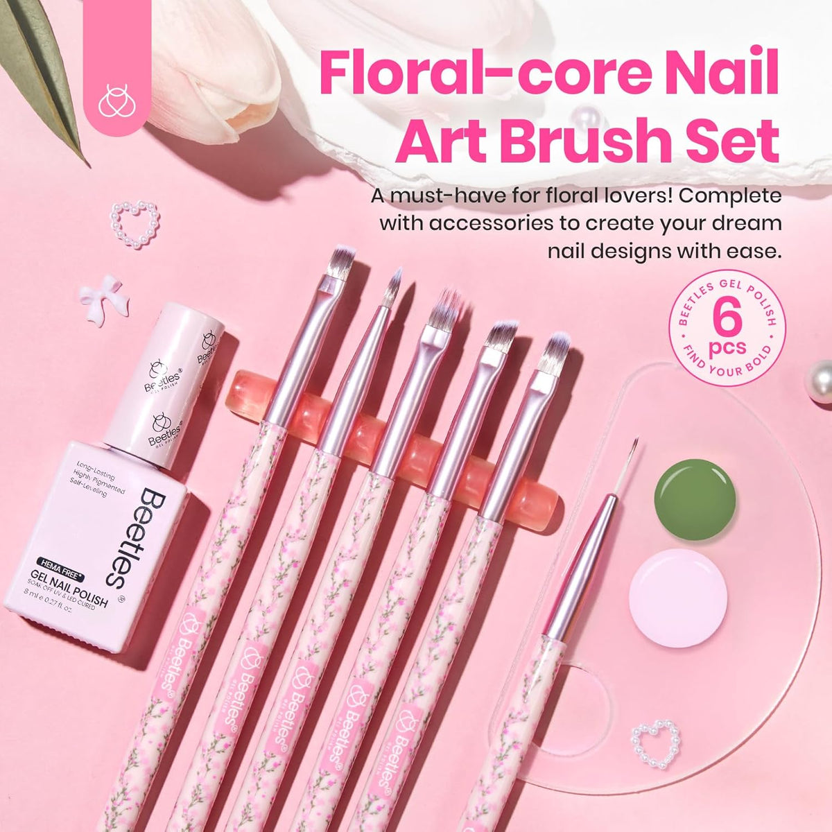 beetles Gel Polish Nail Art Brushes Set 6 Pcs Nail Brush and 8 ml Pink Painting Gel, Floral Pattern Handle Gradient Bristles Fingernail Art Pens DIY with Bowknot Accessories Manicure Design Tools Set