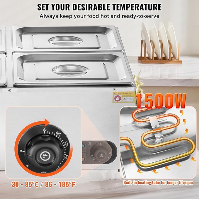 VEVOR 110V 4-Pan Commercial Food Warmer, 1200W Electric Steam Table 15cm/6inch Deep, Professional Stainless Steel Buffet Bain Marie 48 Quart for Catering and Restaurants