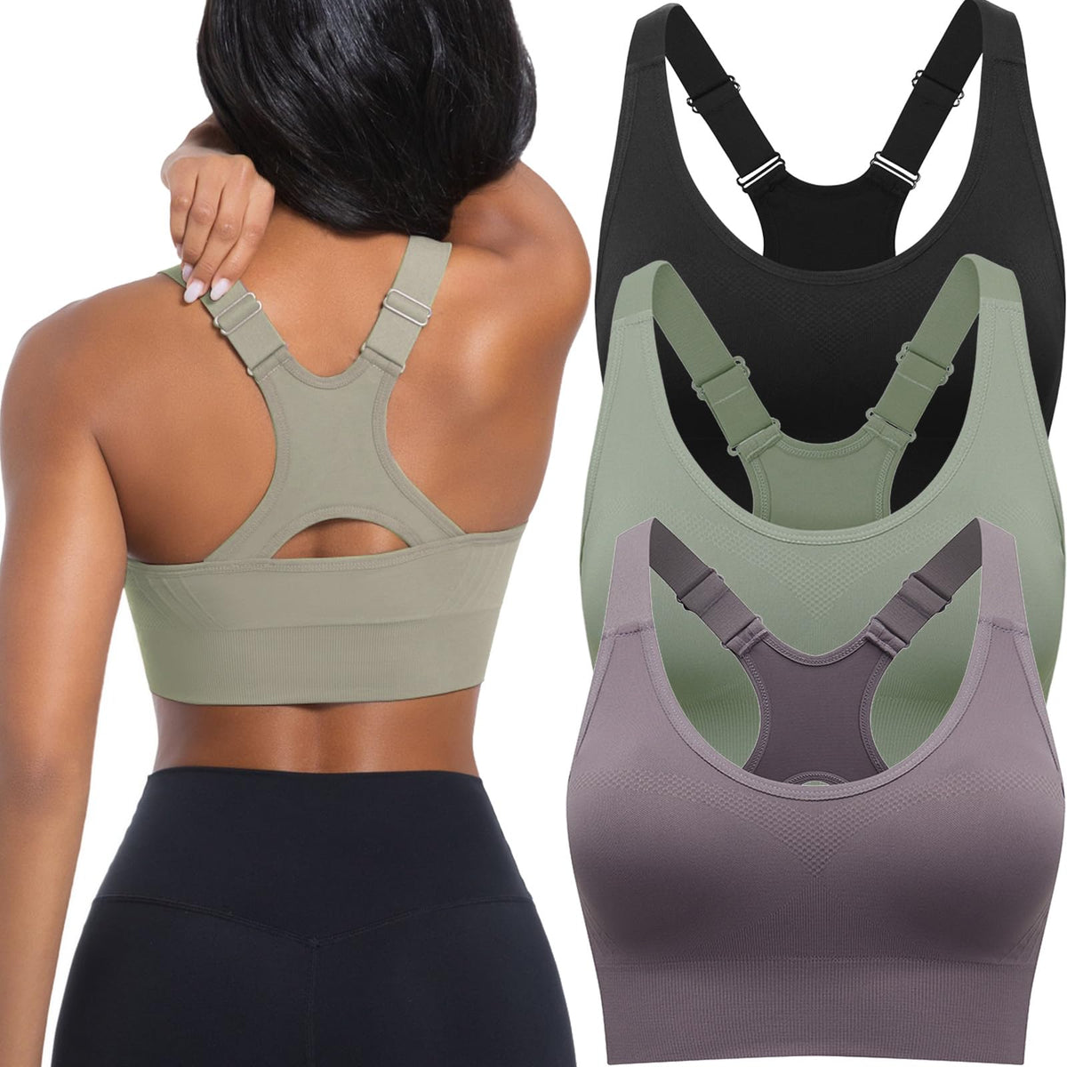 Sports Bras for Women 3 Pack High Impact Racerback Padded Adjustable Padded Sports Bra Pack Workout Bras for Women for Yoga Running Athletic Gym Fitness