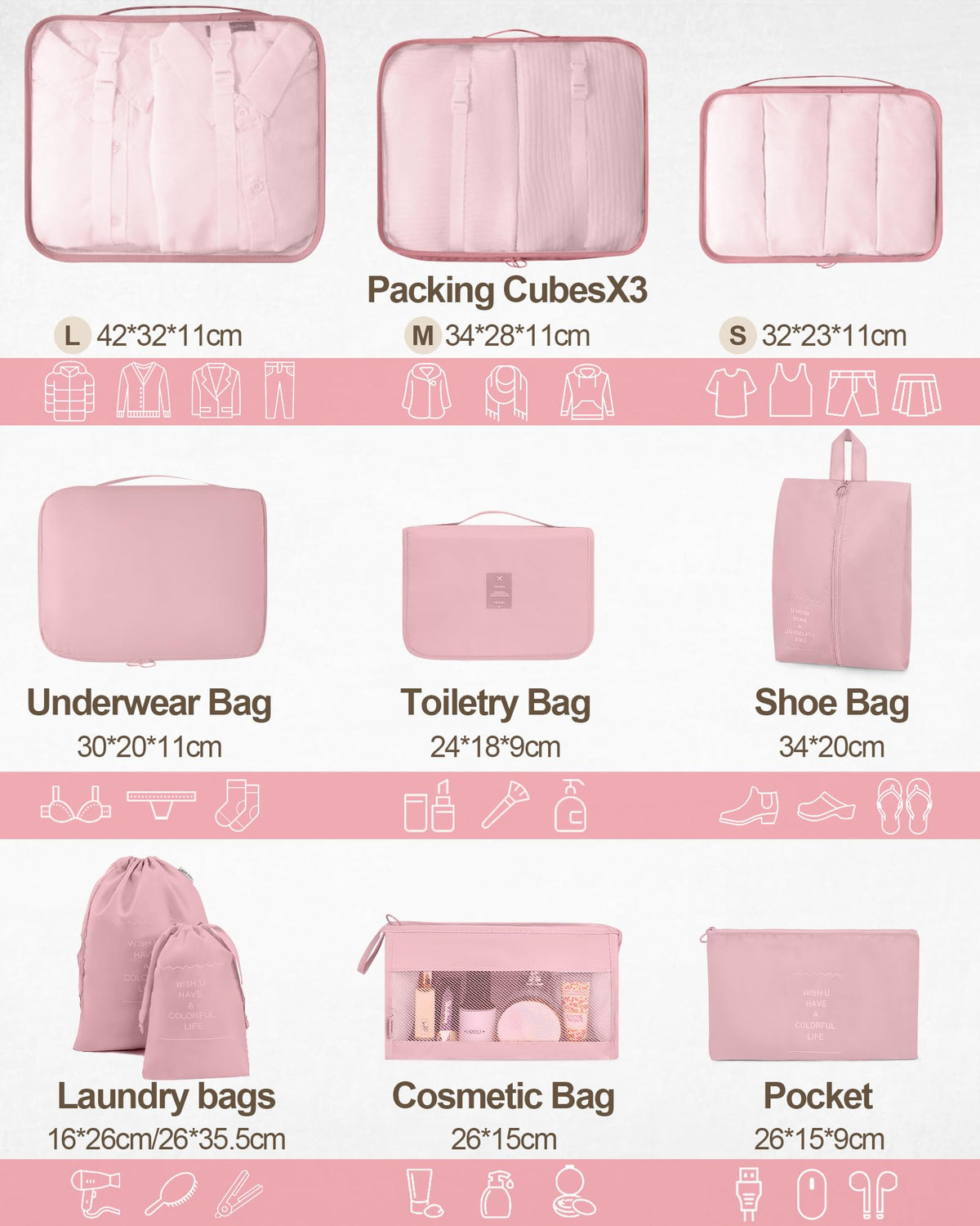 TRMFUSA Packing Cubes 10 PCS, Mesh Breathable Luggage Organizers Bags, Packing Organizers, Durable Travel Essentials Bags Set, Travel Packing Organizers,Pink