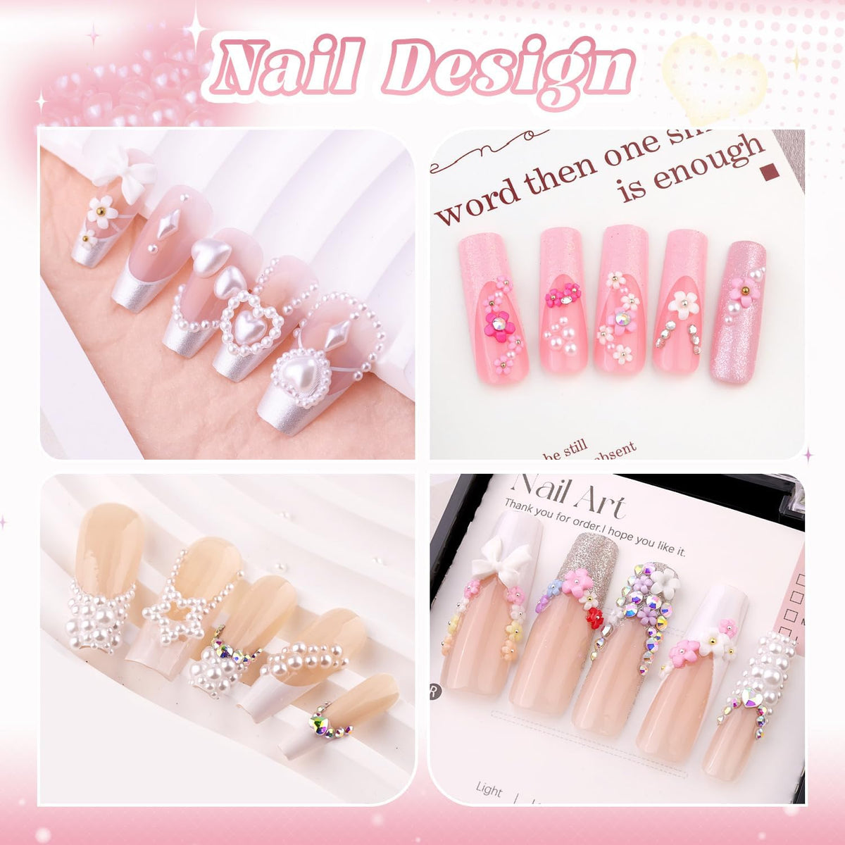 Flatback Pearls (White) and 3D Flowers for Nail Art, Pearl Nail Charms and Colorful Nail Flowers Blossom with Round Caviar Nail Beads Nail Accessories for Acrylic Nail Tips Manicure Decor