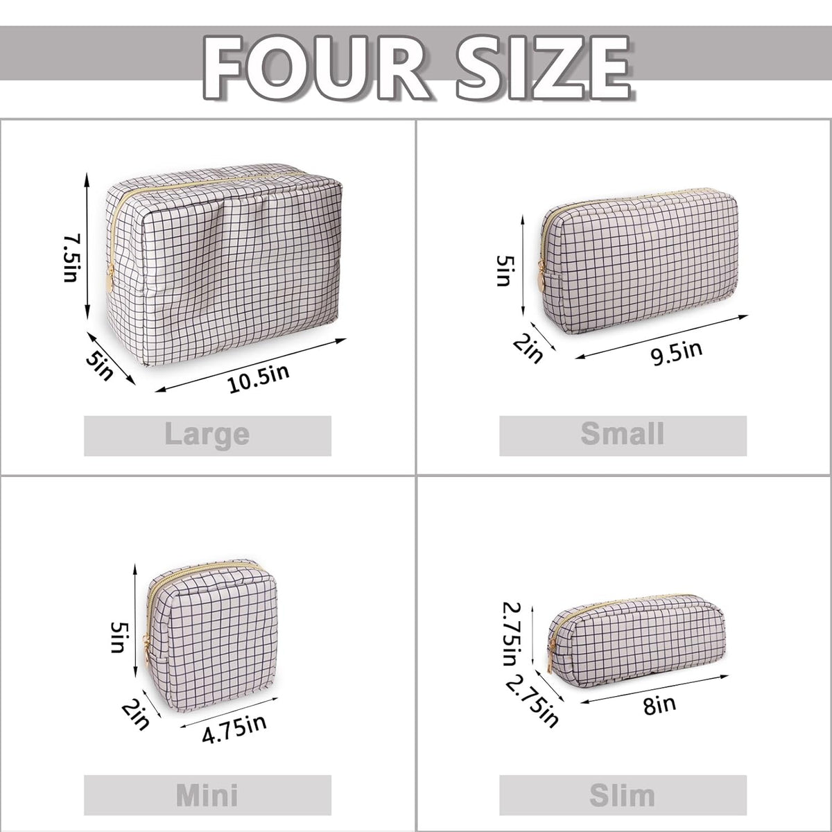 Small Pencil Case Makeup Bag for Purse, Cute Pencil Pouch Nylon Preppy Checkered Makeup Brush Bag with Zipper, Girls Portable Stationery Storage Case Small Pen Bag for Office School(Slim-Checkered)