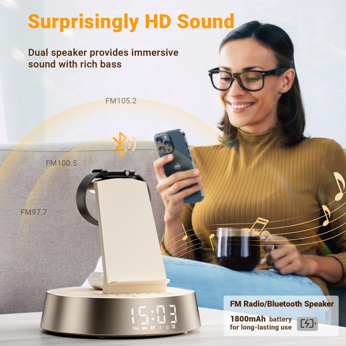 7 in 1 Wireless Charging Station, Alarm Clock for Bedroom with Dimmable Night Light Bluetooth Speaker, Dock Station for iPhone 16 15 14 13 12 11 Pro Max, Apple Watch, AirPods Pro