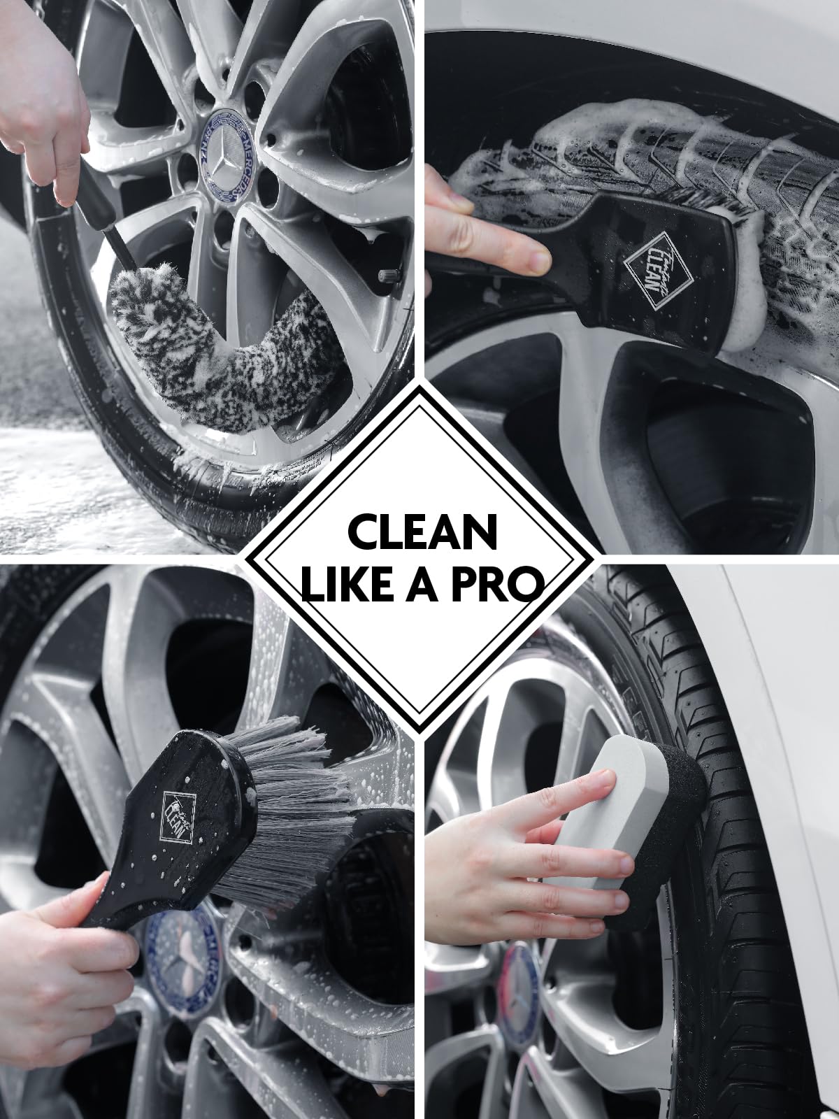 Fantasticlean 6PCS Car Wheel Cleaning Pro Kit, Tire Brush, Soft-bristled Rims Brush, Microfiber Bendable Brush, Double-Ended Detailing Brush, and Detailing Pads, Scratch-Free & Multipurpose
