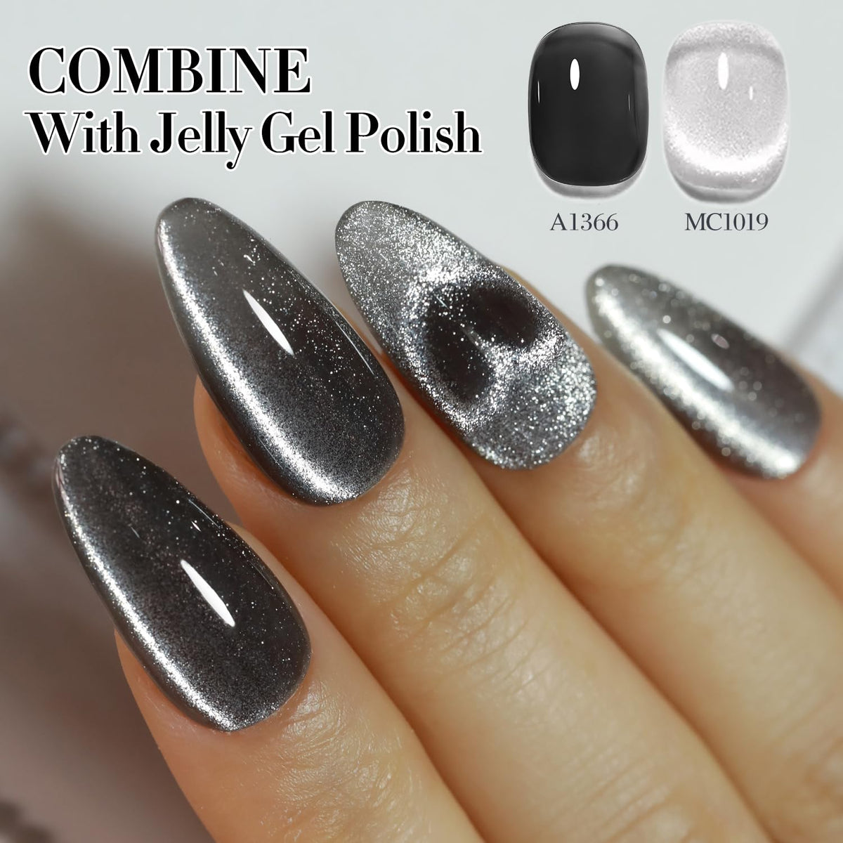 Double Rhythm 0.5 OZ Cat Eye Gel Polish with Magnet 15ML Holographic Glitter Shimmer Translucent Jelly Color Magnetic Polish Salon DIY at Home (Silver-MC1019)