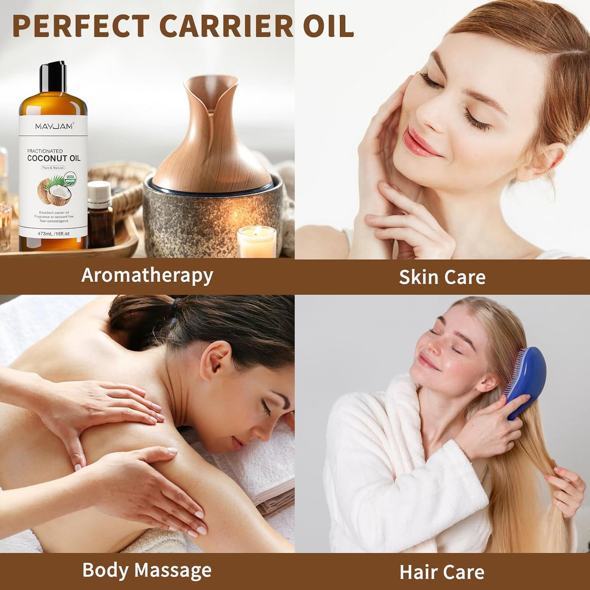 Organic Fractionated Coconut Oils Liquid 16oz, 100% Pure & Natural USDA Certified Cold Pressed Coconut Carrier Oil for Face Skin & Hair Moisturizing, Body Massage Oil for Essential Oils Mixing