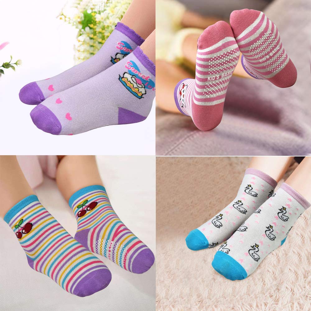 SkiBeaut Toddlers Girls Socks, 12 Pairs Kids Non Slip Sticky Slippery Crew Children Grippy House Toddler Boy Girl Socks with Grips for 12-36 Months 1-3 Years Old