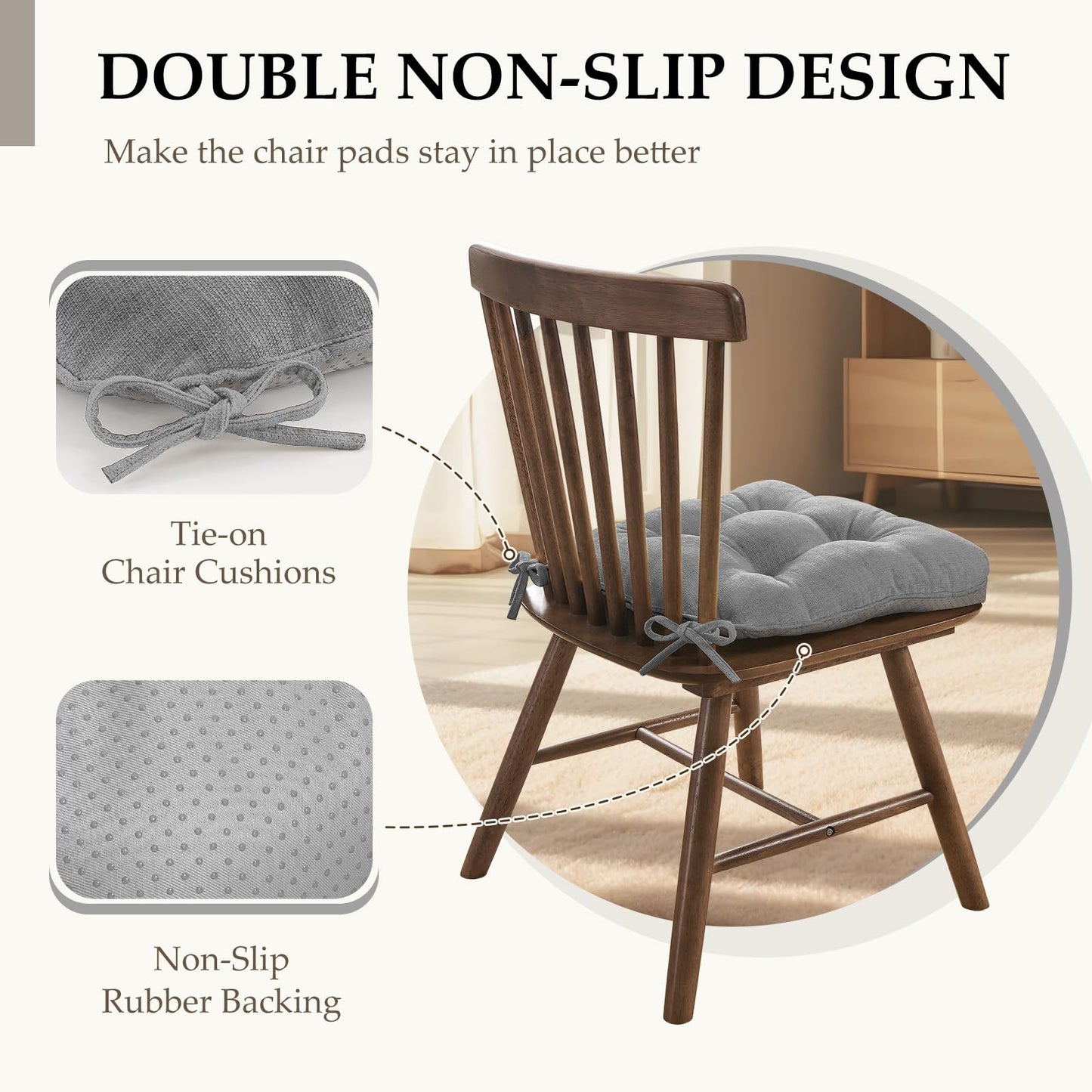 HARBOREST Chair Cushions for Dining Chairs Set of 4 - Chenille Tufted Kitchen Chair Cushions with Ties and Non-Slip Bottom, Foam Chair Pads for Dining Chairs, 17" x 17", Grey