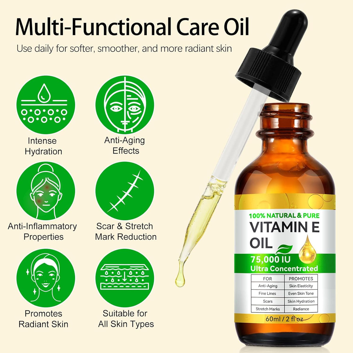 Pure Vitamin E Oil, 75,000 IU Ultra Concentrated & Natural for Stretch Mark/Scars Treatment, Smoothing & Moisturizing Skin & Hair & Cuticles, Cold Pressed/Hexane Free/Non-GMO, 60ML/2Fl Oz