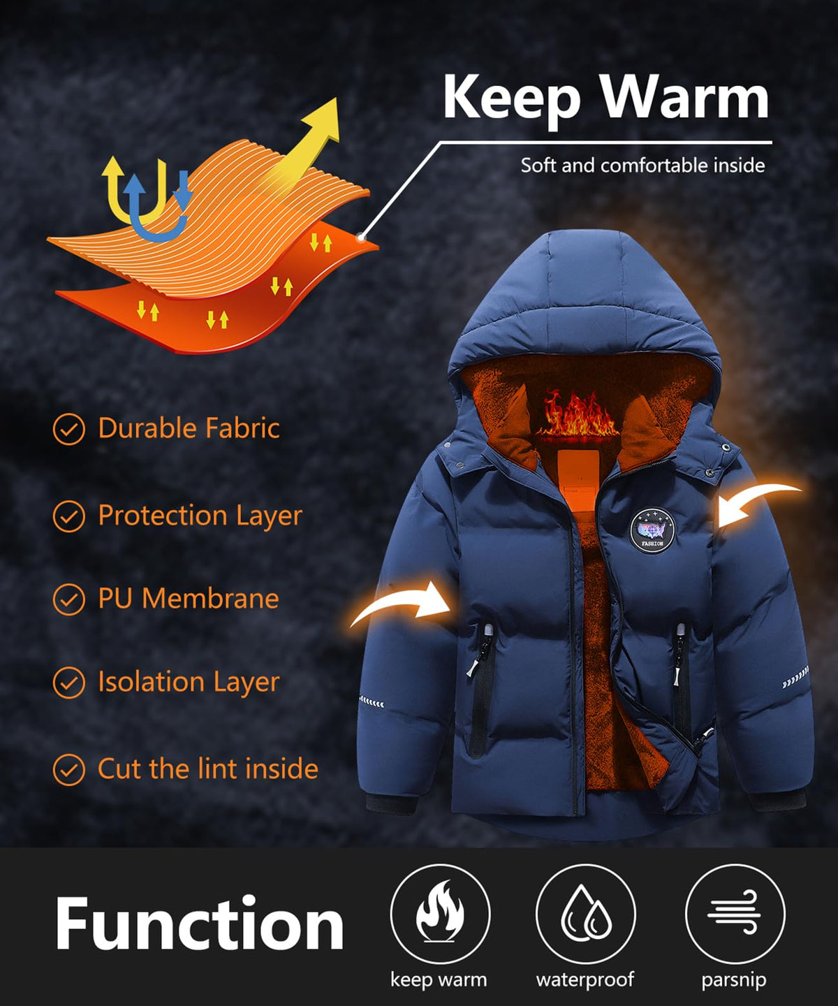 BYLESIN Kids Boy's Winter Coat Fleece Lined Waterproof Jacket Puffy Cotton Coat Thick Hooded Down Outdoor Coats
