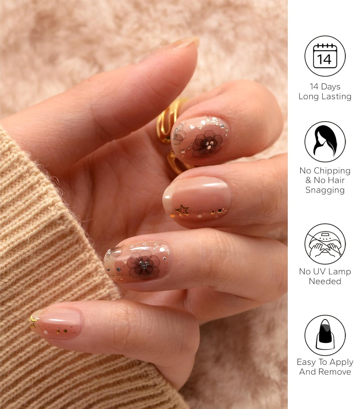 Nail Polish Strips, 20Pcs Salon Quality Gel Nail Stickers, Easy Long Lasting Wraps for Short Nails no UV Light Needed (Grey Flower)