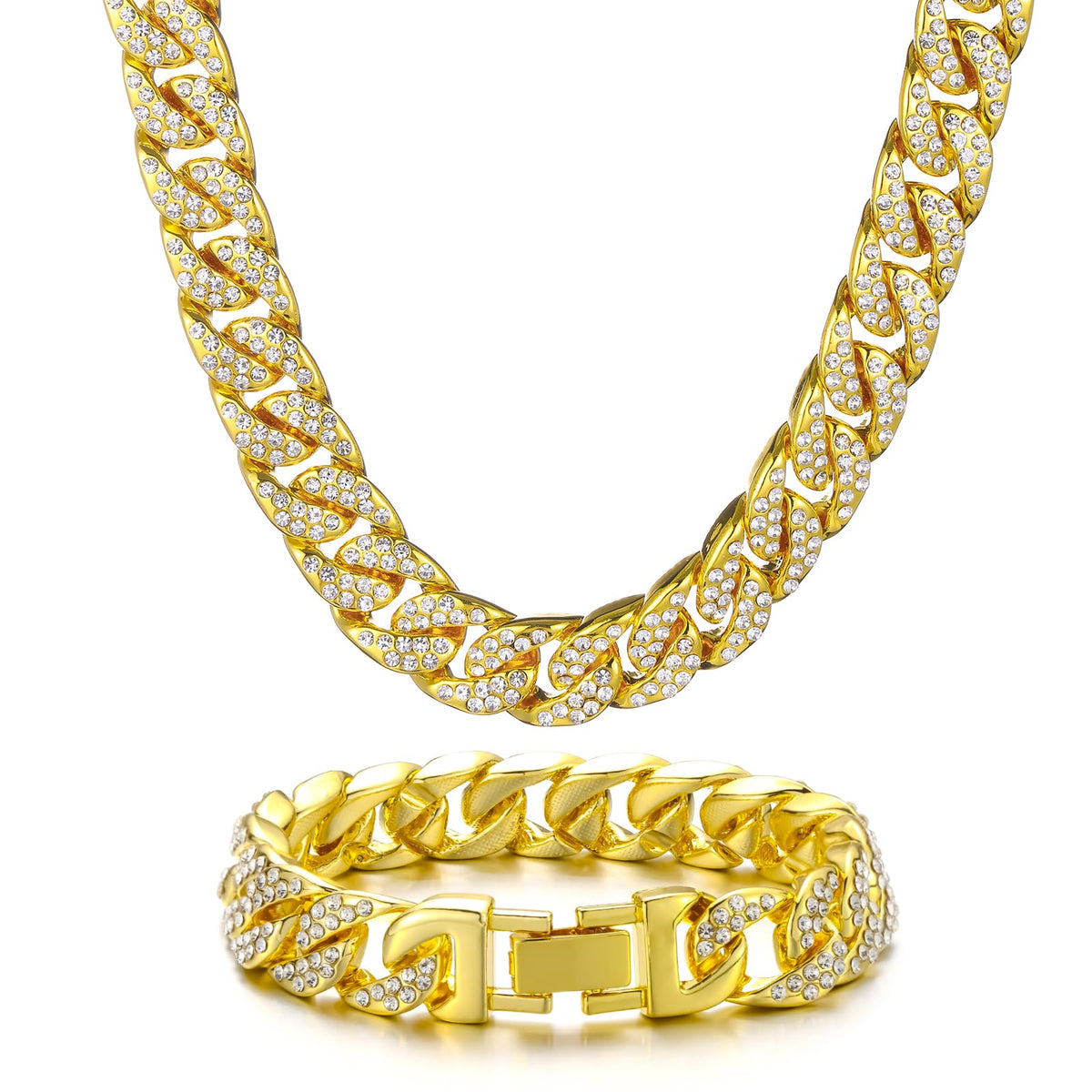 Gold Cuban Link Chain For Men Necklace Bracelet Jewelry Set Fake Diamond Iced Out Mens Bling Thick Necklaces Choker Chains (Gold-14mm,18inch)