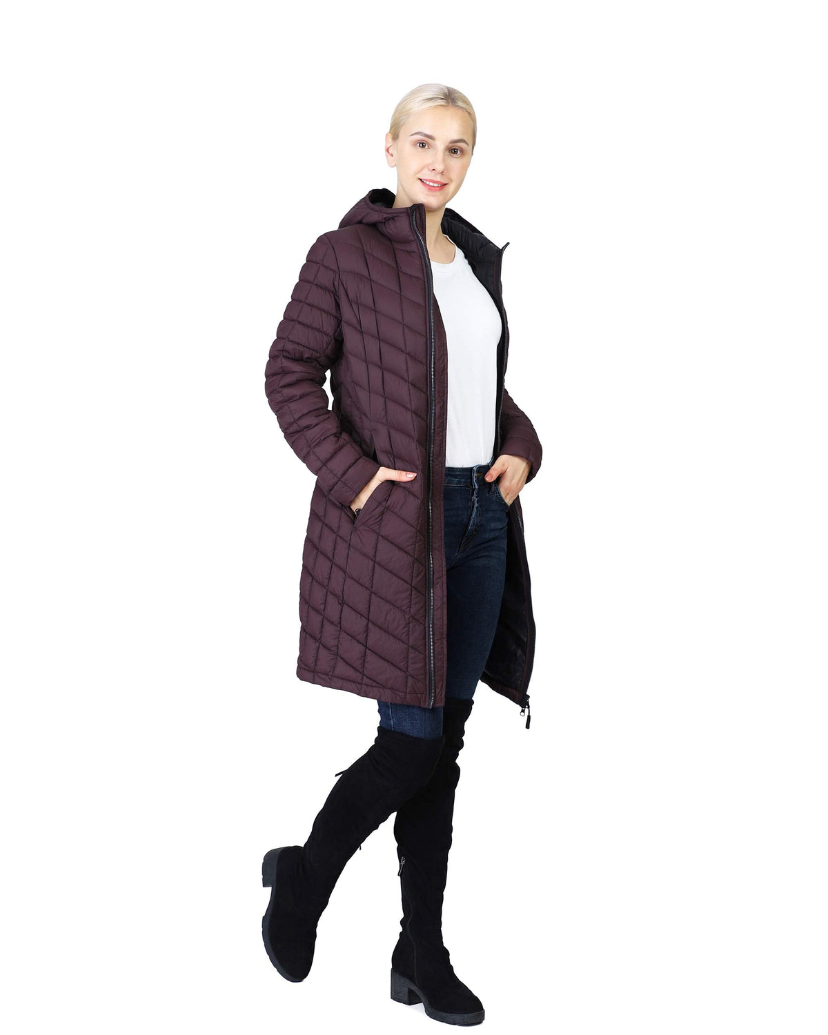 Outdoor Ventures Women's Lightweight Warm Winter Long Puffer Coat with Hood-Large,36"
