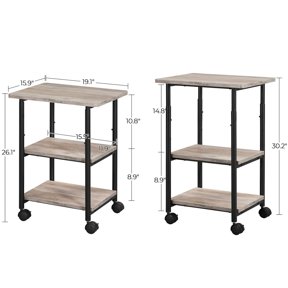 VASAGLE Printer Stand with Locking Wheels, 3-Tier Shelf, Industrial Under Desk Heavy-Duty Mobile Cart for Home Office, Heather Greige and Black UOPS003B02