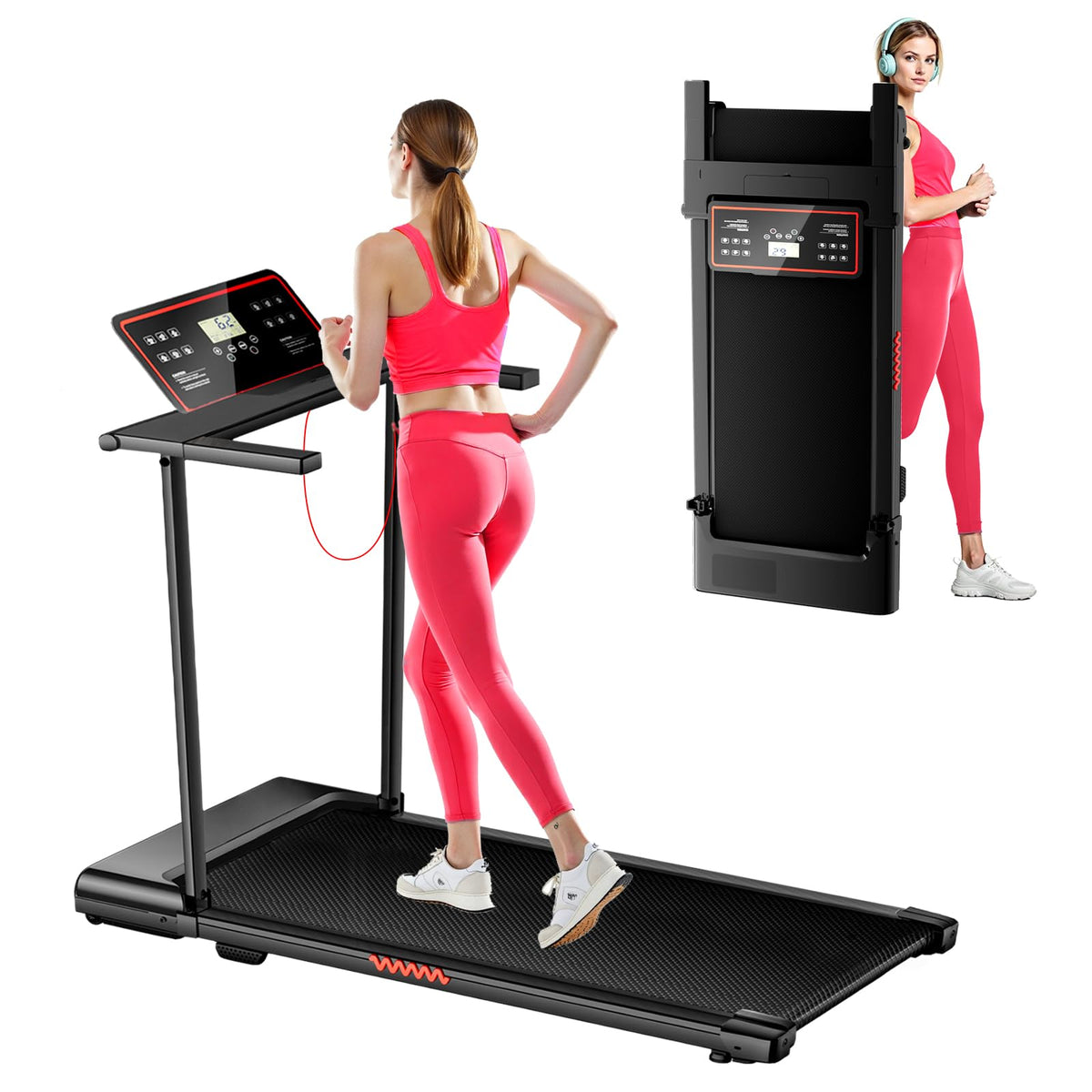 Portable Treadmills for Home, Electric Walking Pad Treadmill with 12 Preset Programs, 3.0HP Treadmill with Handle for Small Home, Waking Pad,Compact Running Treadmills with 320LBS Capacity(Black)