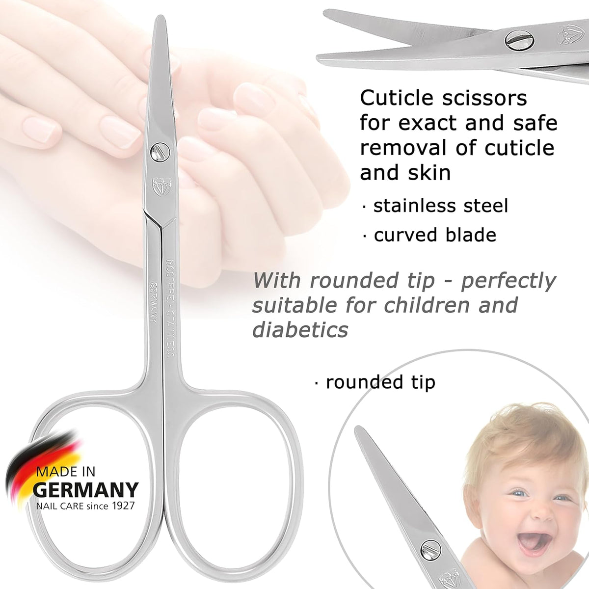 3 Swords Germany - brand quality STAINLESS STEEL CURVED CUTICLE SCISSORS (1 PIECE) with round tips for DIABETICS - manicure pedicure - nail care by 3 Swords - Made in Germany