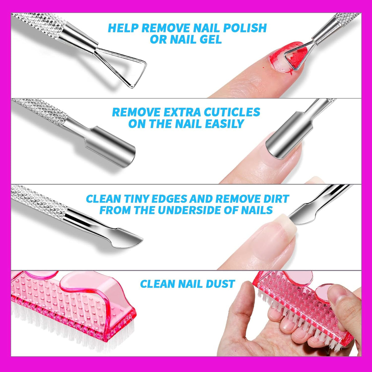 FANDAME Gel Nail Polish Remover Tools Kit, 10 PCS Nail Polish Remover Clips Rose Red, 100ml Nail Polish Remover Bottle, 500PCS Cotton Pad, Nail Brush, Cuticle Pusher, Nail File, Buffer Block Tools kit