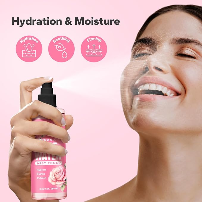 Organic Rose Water Spray (8.45 Fl Oz), Rosewater Spray for Face & Hair, Rose Water for Skin Care